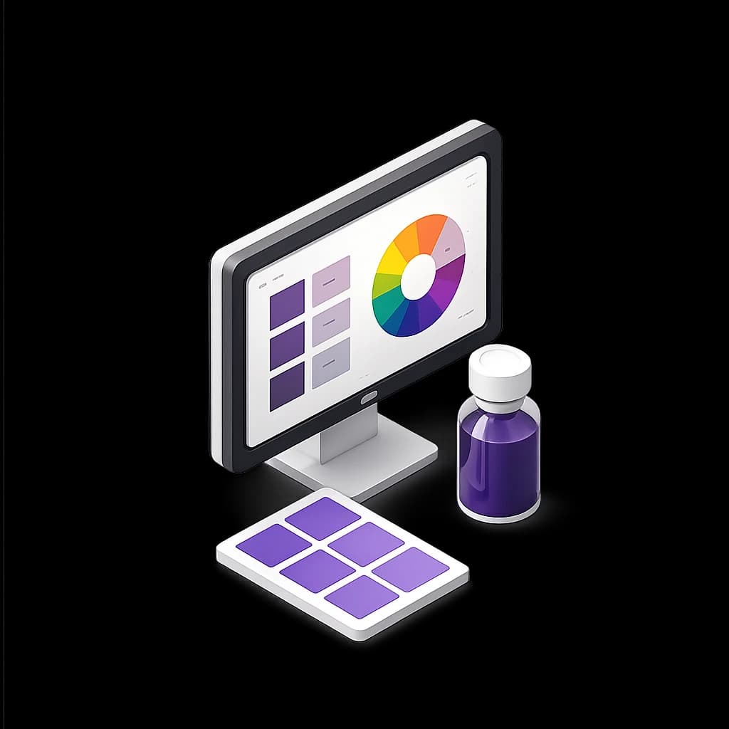 Monitor com amostra de cores e frasco de pigmento.