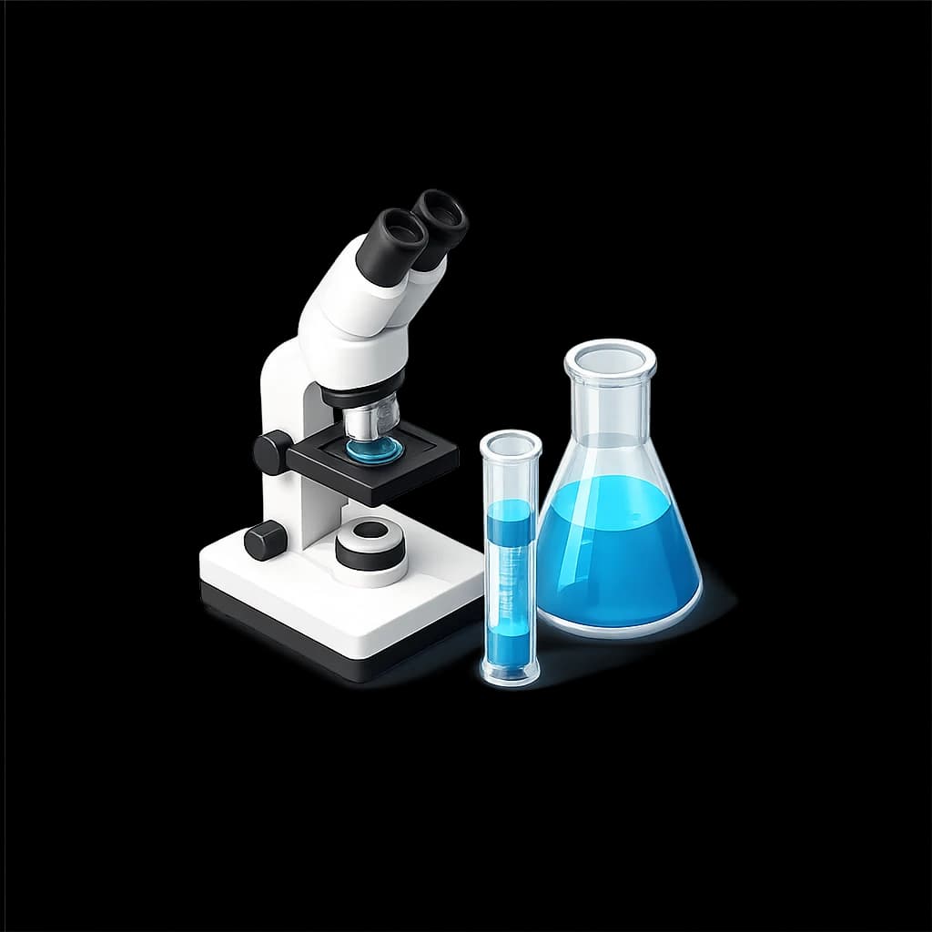 Microscópio com frascos de laboratório.